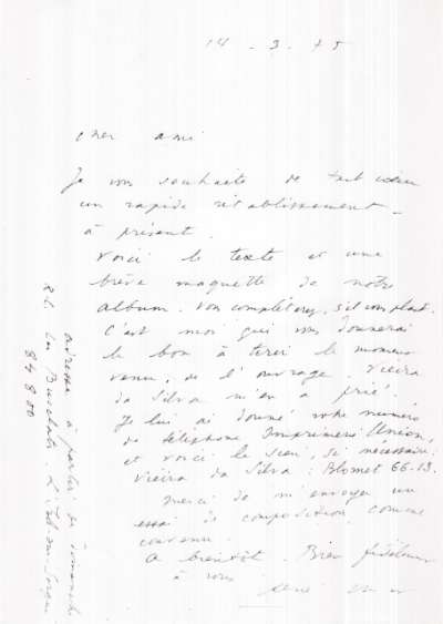 Lettre de René Char à l'Imprimerie Union, 14 mars 1975