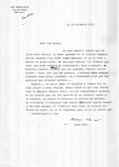 Lettre de René Char à Guy Weelen, 19 novembre 1975