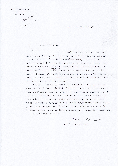 Lettre de René Char à Guy Weelen, 19 novembre 1975