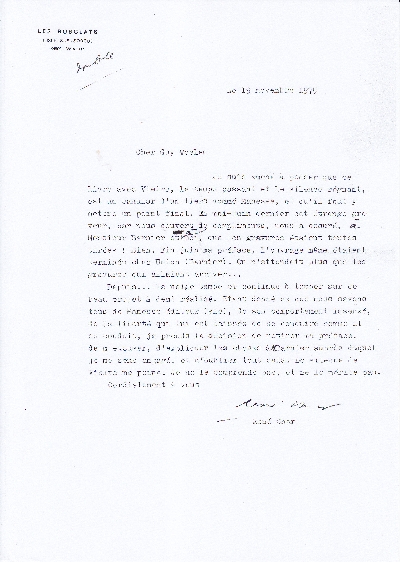 Lettre de René Char à Guy Weelen, 19 novembre 1975