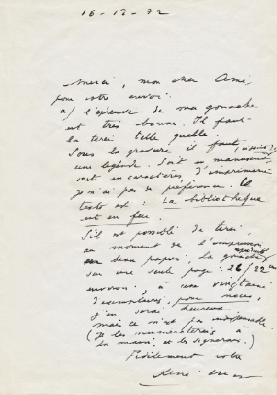 Lettre de René Char à Louis Barnier, 16 décembre 1972 à propos de La bibliothèque est en feu