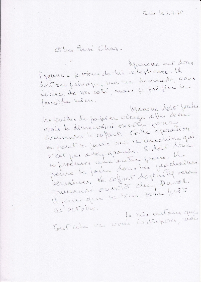 Lettre de Guy Weelen adressée à René Char. S.D.