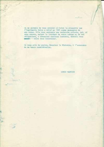 Lettre de Louis Barnier au Ministre de la Culture, 30 janvier 1985