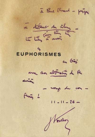 Julien Torma, Euphorismes. Paris, S.E.. Envoi autographe signé de Julien Torma à Paul Eluard. 1926