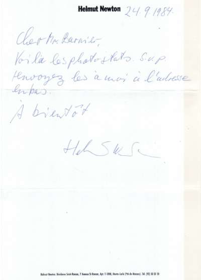 Courrier de Elmut Newton à Louis Barnier, 4 septembre 1984