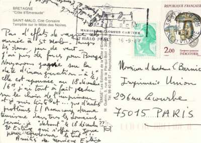 Carte postale de Monique et Estève, 16 septembre 1987