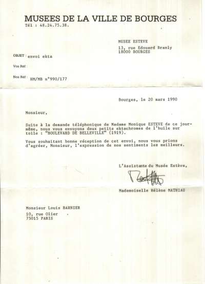 Lettre du Musée Estève de Bourges à Louis Barnier, 20 mars 1990