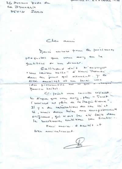 Lettre de Claude Ernoult, 2 octobre 1986