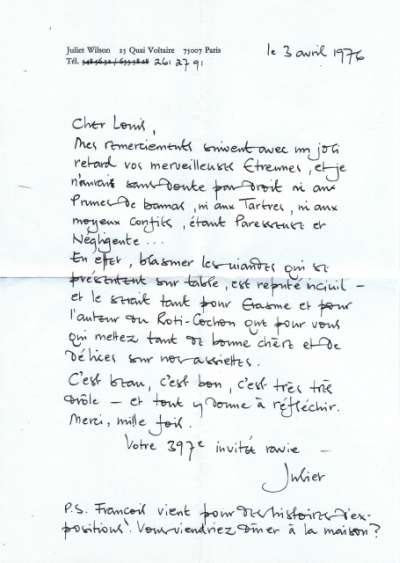 Lettre de Juliet Wilson, 3 avril (1976)