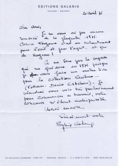Lettre de Sylvie Galanis, 20 août 1976