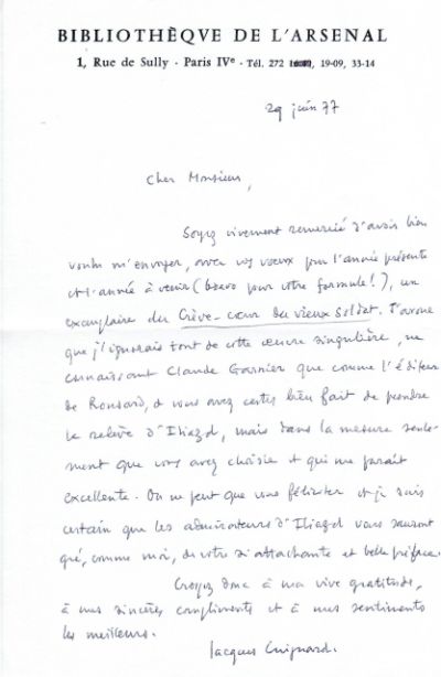 Lettre de Jacques Guinard à Louis Barnier, 29 juin 1977