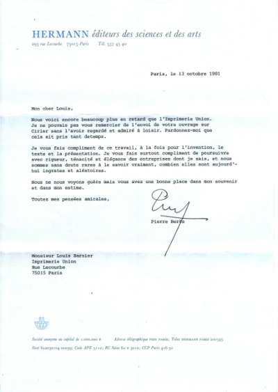 Lettre de Pierre Berès, 13 octobre 1981