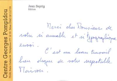 Carte de Jean Seyrig, Service Edition du Centre Pompidou, 9 juillet 1981