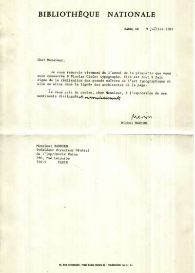 Lettre de Michel Marion, Bibliothèque Nationale, 9 juillet 1981