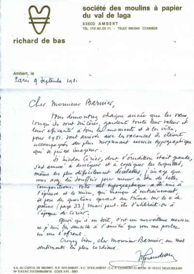 Lettre de Péraudeau, Société des moulins à papier du Val de Laga, 9 septembre 1981