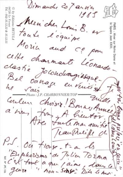 Lettre de Jean-Philippe Charbonnier, 21 janvier 1985