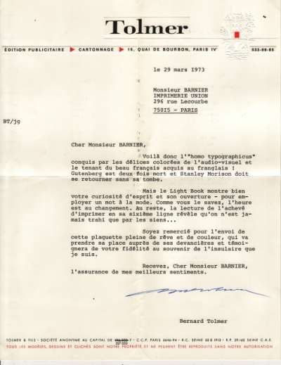 Lettre de Bernard Tolmer, Editions publicitaires, 29 mars 1973