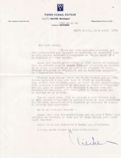 Lettre de Pierre Vorms, 4 avril 1973