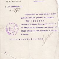 LETTRE DU COMMANDANT LA BASE RUSSE À PARIS À VOLF CHALIT